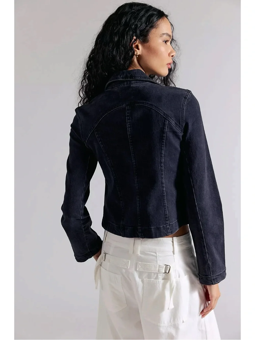Free People Retro Y2K 90s Double Zip River Denim Jean Jacket in Black NWT XL - Picture 4 of 12